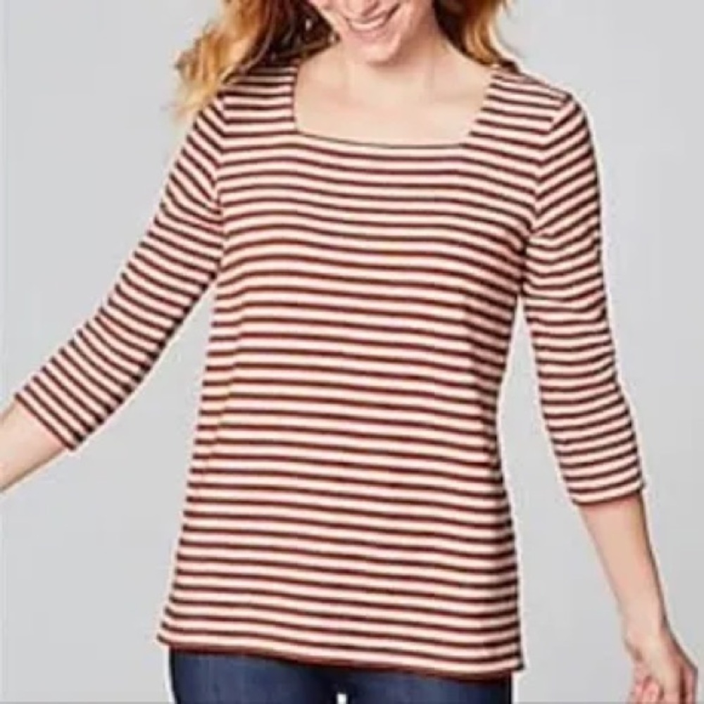 NWT J.Jill Henna and Cream Striped Square Neck 3/4 sleeve Cotton Top size MP